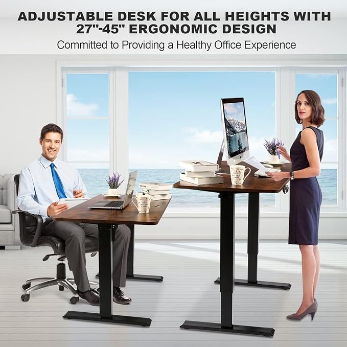 55 x 24 in Electric Standing Desk Adjustable Height, Sit Stand Home Office Rolling Computer Desk with 35 x16 in Mouse Pad, Wheels and Hooks，27''-46'' Lifting Range Stand up Desk(Brown)