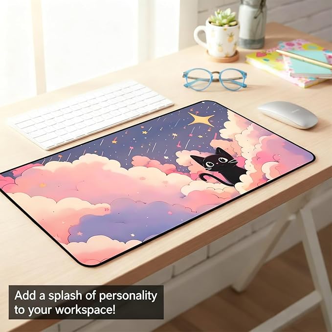 Anime Desk Mat,Pink Purple Clouds Mouse Mat Desk Pad, Cute Black Cat Game Mousepad, Full Deskmat, Extended Computer Desk Keyboard Mat, for Women Office Desktop Decor Aesthetics 31.5"X15.7"