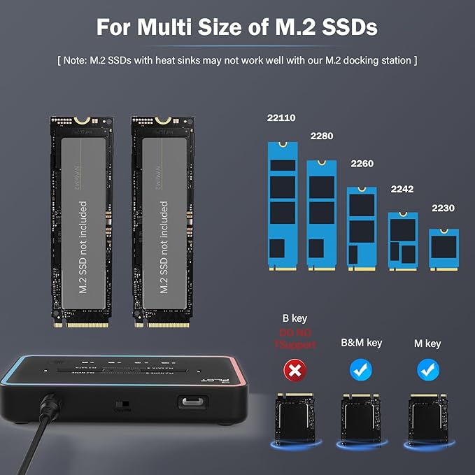 M.2 Duplicator Cloner Dual-Bay Offline USB C to NVME SATA Docking Station, M.2 Reader 20Gbps for Both (M Key, B+M Key) PCIE NGFF Dock, Size 22110 2280 2260 2242 2230 Enclosure - NN/SS RGB
