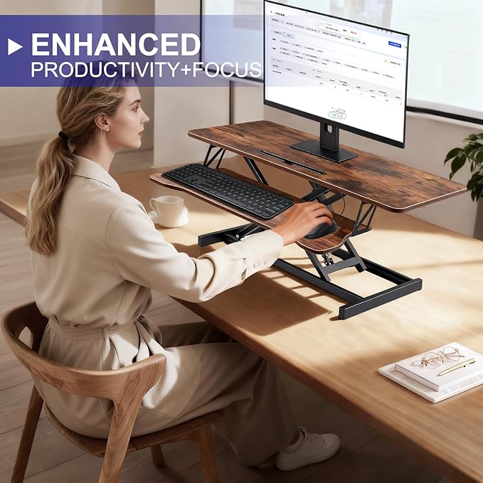 38-Inch Height Adjustable Standing Desk Converter, Duals Monitor & Laptop Riser with Wide Keyboard Tray, Sit to Stand Ergonomic Workstation for Home Office, School, Business, Tiger Brown