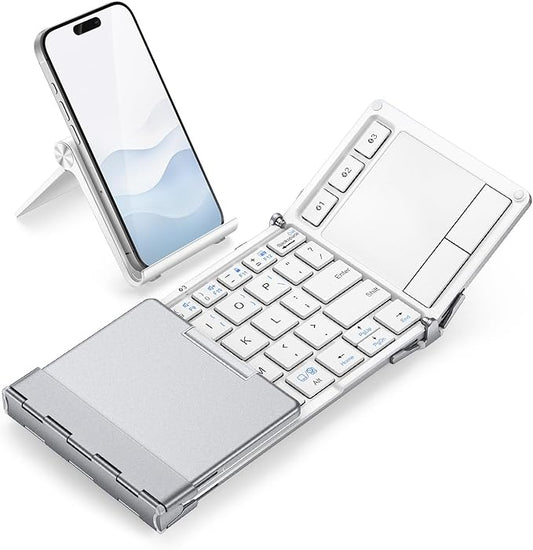 iClever Bluetooth Keyboard with Touchpad, Foldable Keyboard, Metal Body, Gesture Support, USB-C Charge, Pocket-Size Wireless for Travel, iPad, iPhone, Android, Windows, Silver White