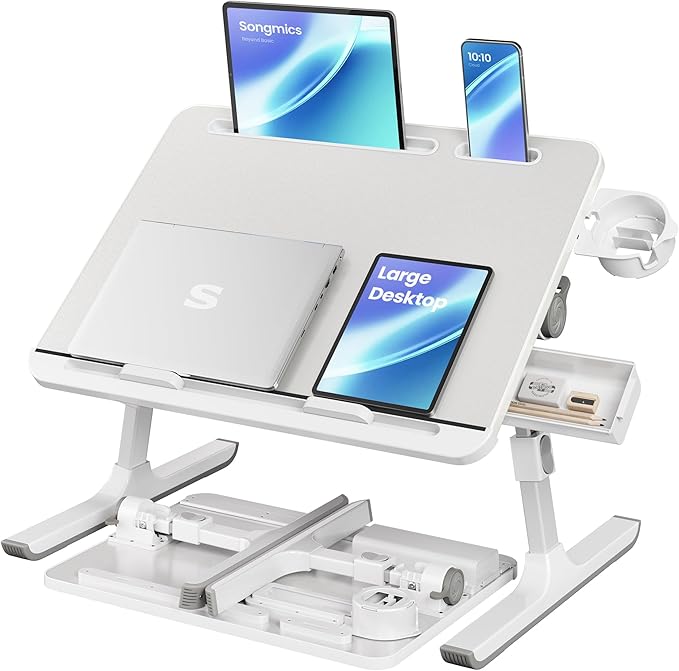SONGMICS Bed Laptop Desk, Foldable Bed Desk for Laptop, 15.7 x 22 Inches Large Desktop, 120° Stepless Tilt, Adjustable Height, Cup Holder, Tray, Portable Bed Sofa Table, Gray ULLD113GZ01