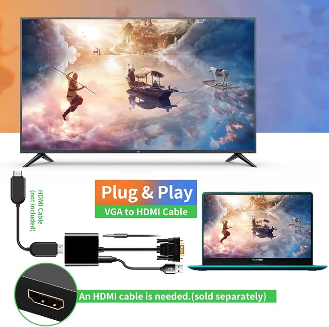 Herfair VGA to HDMI Adapter 15Pin VGA Male to HDMI Female Converter for Computer, Desktop, Laptop, PC, Monitor, Projector, HDTV with Audio Cable and USB Power Cable (One Way Transmit)