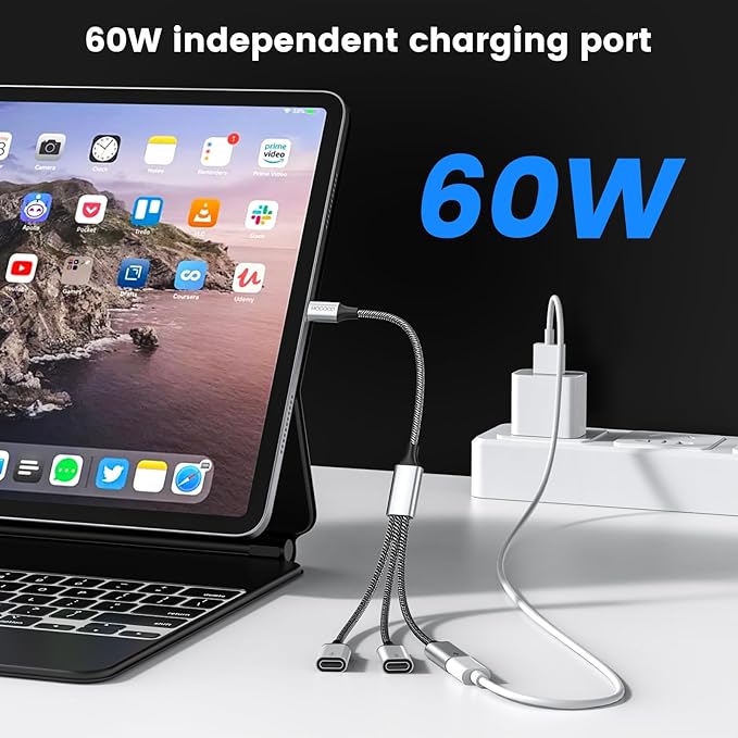 MOGOOD USB C Splitter, 3-Port USB C Y-Cable, 1 Male to 3 Female, 60W PD Charging Pass-Through & Data Transfer – for Steam Deck, iPad Pro, Samsung Galaxy, Laptop – Expand USB-C Ports