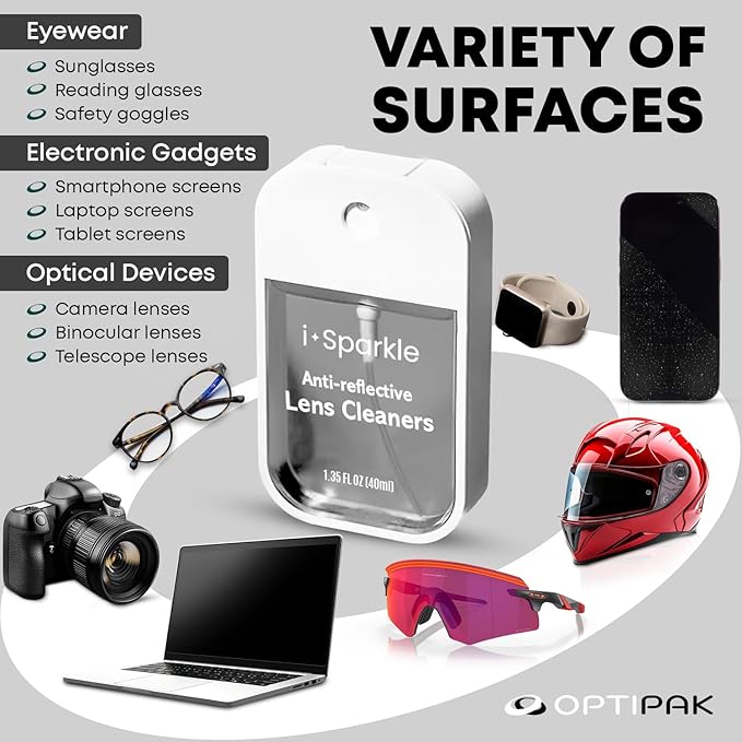I-Sparkle Anti-Reflective Lens Cleaner Spray kit | (1x) 1.35oz Glasses Cleaner Spray + (1x) Microfiber Cloth for Eyeglasses, Sunglasses, Lenses, Screens and Camera Cleaning Kit (2 Piece Set)