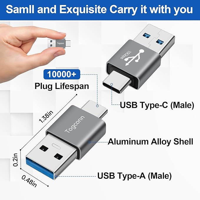 USB to USB C Adapter 2Pack, Type-C Male to USB Type-A Male Converter Connector,Support 3A Charge & 10Gbps Data Transfer Compatible with Phones, Computers, Tablet, Laptop and More