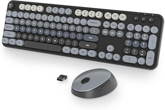 Black Keyboard and Mouse Combo Wireless, 2.4G Full Size 104-Key Retro Typewriter Keyboards Round Keys for Students Teenagers Home Office PC Laptop(Black Gray)