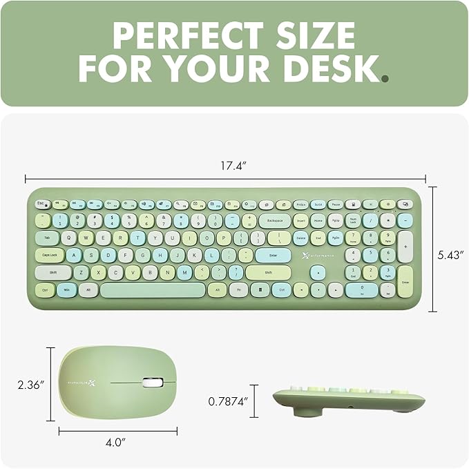 X9 Green Wireless Keyboard and Mouse Combo – 2.4G and Bluetooth Connectivity, Retro Typewriter-Style Wireless Keyboard and Mouse Set, Colorful Bubble Keyboard for Aesthetic Workspaces