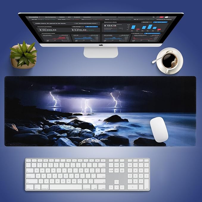 Extra Large Gaming & Office Mouse Pad (31.5" x 11.8") – Nature Lightning Summer Storm Bolts Over Rocks in Ocean Nightmare Theme Weather, Anti-Slip XXL Desk Mat with Durable Stitched Edges