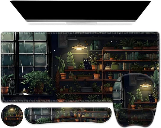 Aesthetic Green Plant Books Mouse Pad with Wrist Support 4 in1 Set, XXL Big Game Mousepad + Keyboard Wrist Rest + Mouse Wrist Rest Pad +Coaster Gaming Mat for Work Study I Japanese Anime Lofi Cat