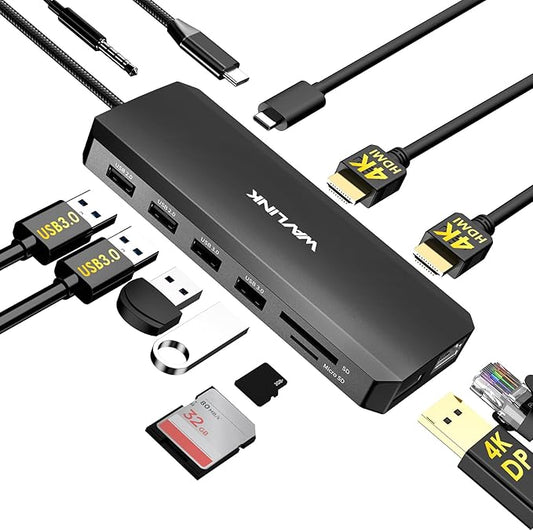 WAVLINK Laptop Docking Station Dual Monitor Triple Display for Windows OS, USB C Hub with 2 HDMI, DisplayPort, 100W PD in, Gigabit Ethernet, USB 3.0/2.0 Ports, SD/TF Card Reader, Audio