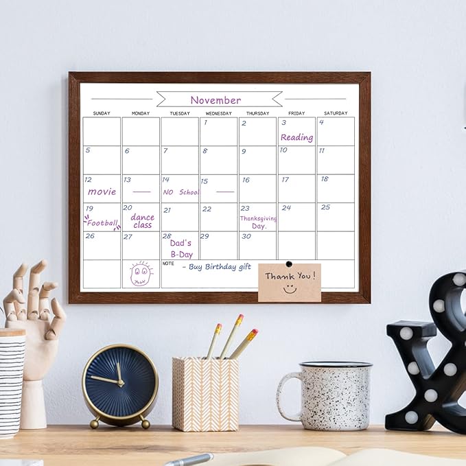 Dry Erase Monthly Calendar Whiteboard, Magnetic Whiteboard for Wall, Hanging Board for Office, Home School, Solid Pine Wood Walnut Brown Framed Message Board, 13"x 17"(YL-WB-3343-B)