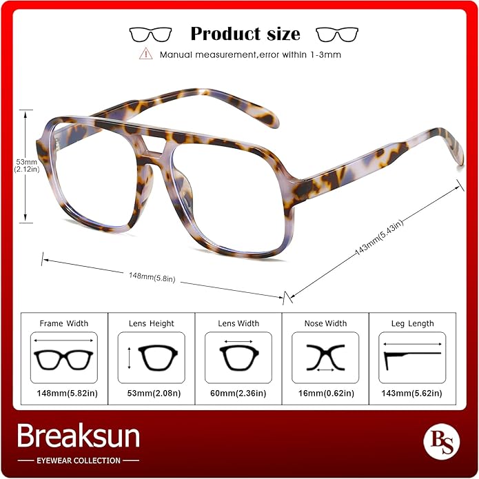 Oversized Square Aviator Glasses for Women Men Big Frame Retro Blue Light Blocking Glasses Vintage Style