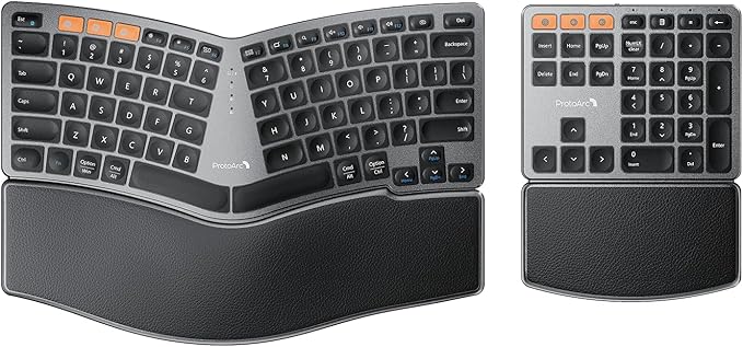 ProtoArc Bluetooth Ergonomic Keyboard, Wireless Ergonomic Keyboard with Separate Number Pad, Dual Bluetooth and USB, Hard Palm Rest, Split Design, Rechargeable for Windows/Mac/Android