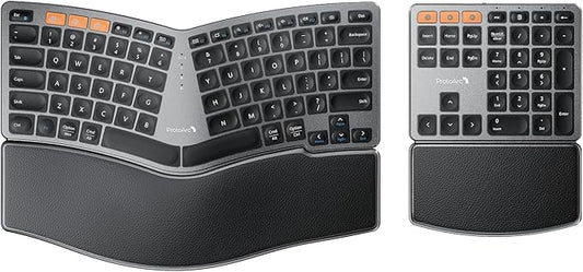 ProtoArc Bluetooth Ergonomic Keyboard, Wireless Ergonomic Keyboard with Separate Number Pad, Dual Bluetooth and USB, Hard Palm Rest, Split Design, Rechargeable for Windows/Mac/Android