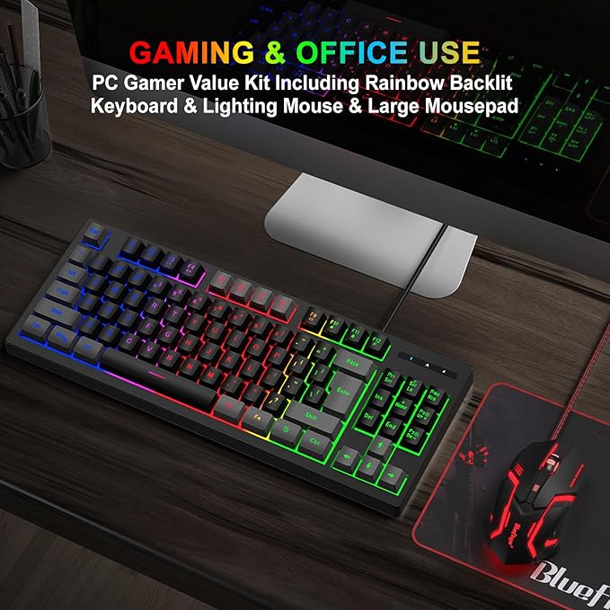 BlueFinger RGB 87 Keys Gaming Keyboard and Backlit Mouse Combo, USB Wired Rainbow Keyboard, Gaming Keyboard Set for Laptop PC Computer Game and Work(Gray & Black)