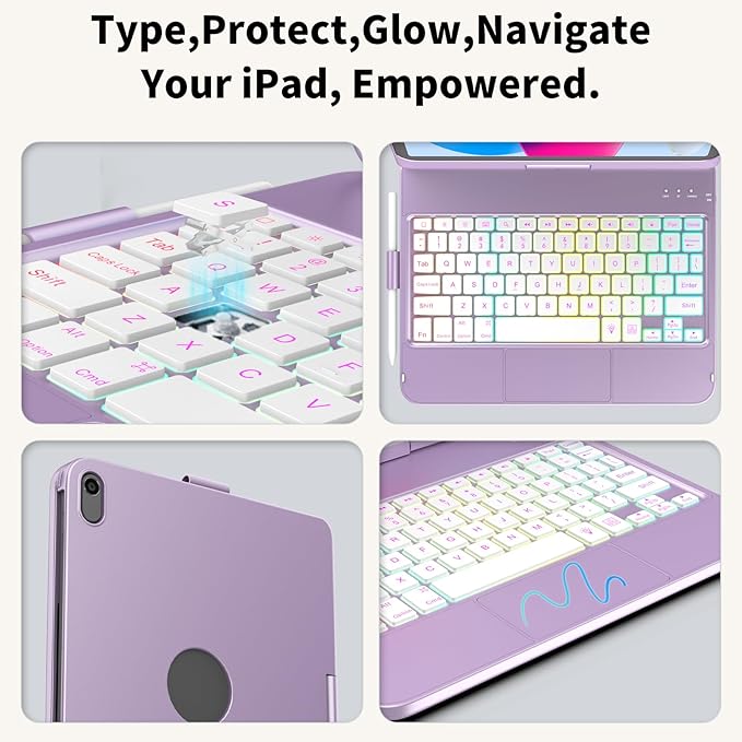 HOTLIFE for iPad A16 11th Generation/10th Generation Case with Keyboard,Touch Keyboard for iPad 11" /10th Gen 10.9 inch 2022-10 Color Backlight, 360° Rotatable Protective Cover (Light Purple)