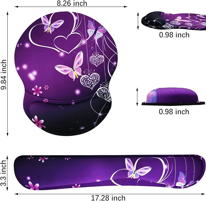 ArtSo Upgraded Wrist Rest Support for Mouse Pad & Keyboard, Ergonomic Gel Mousepad Non-Slip Rubber Base Home,Office Pain Relief, Easy Typing Cushion Neoprene, Soft Memory Foam, Purple Heart Butterfly