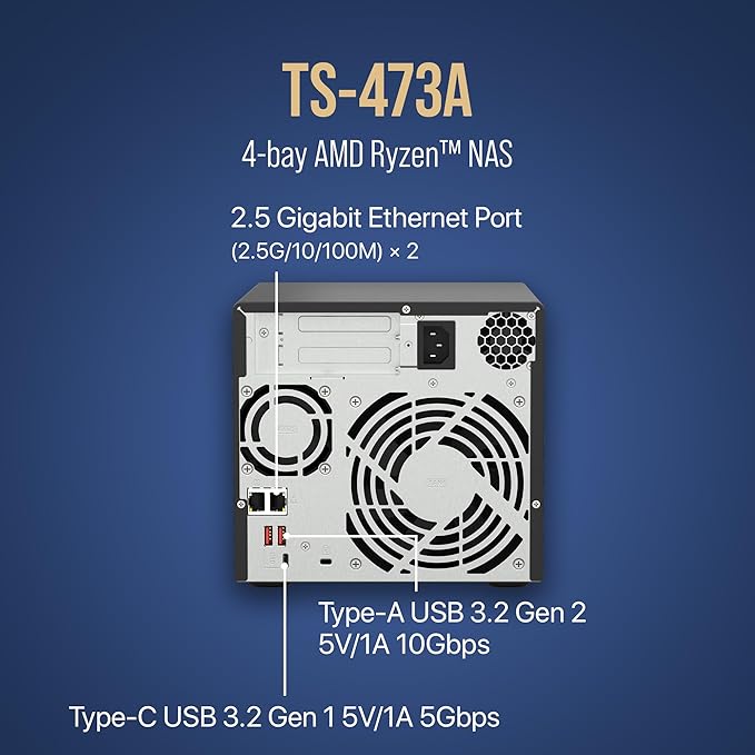QNAP TS-473A-8G-US 4 Bay High-Speed Desktop NAS with AMD Ryzen 4-core CPU, 8GB DDR4 Memory and 2.5GbE (2.5G/1G/100M) Network Connectivity (Diskless)