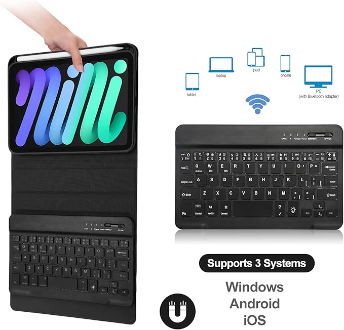 BORIYUAN iPad mini 7th Gen 2024 (A17 Pro) & iPad mini 6 Keyboard Case 2021, Detachable Wireless Keyboard, 7 Color Backlit, Slim Folio Cover with Pencil Holder for iPad mini 7th/6th Gen 8.3 inch Black