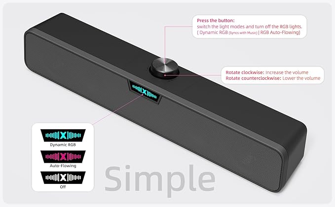 Computer Speakers Soundbar for Desktop PC Mac, USB Plug-in, Wired, External Speakers for Laptop Desk Monitor, RGB Gaming Sound bar with HD Stereo Loud Sound, Punchy Bass, Volume Knob, USB C Adapter