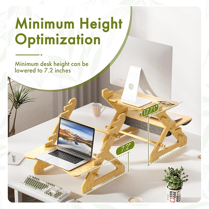Amazer Standing Desk Converter, 22 inch Bamboo Small Sit Stand Up Desk Riser with Lap Desk Computer Desktop Desk Converter for Monitor and Laptop with Keyboard Tray