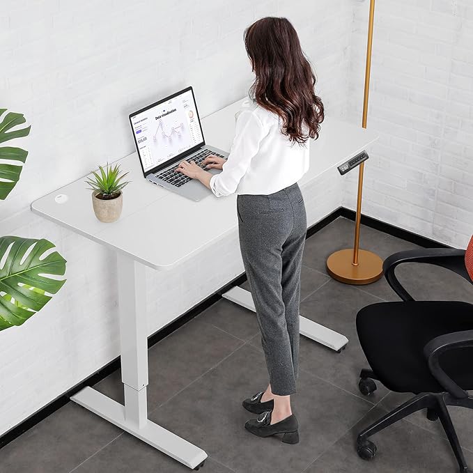farexon Electric Standing Desk Adjustable Height, 48x24 Inches Stand Up Desk with 4 Preset Heights, Lockable Casters, Double Hooks,27''-46'' Lifting Range Home Office Computer Desk（White）