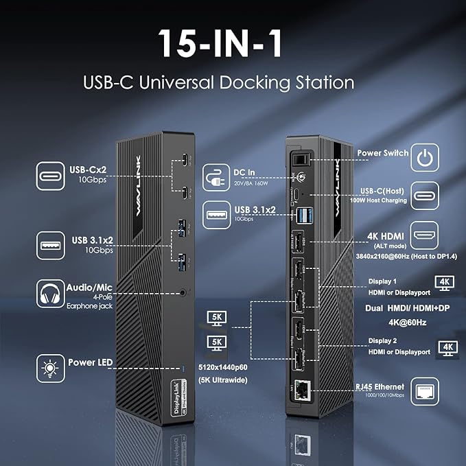 WAVLINK DisplayLink Docking Station Triple Monitor 4K@60Hz for 3 Monitors, 100W Charging for Thunderbolt 5/4/3, USB C M1-M5 Mac/MacBook Neo/Windows- 3 HDMI, 2 DP, 6 USB Ports, 160W Power, LAN, Audio
