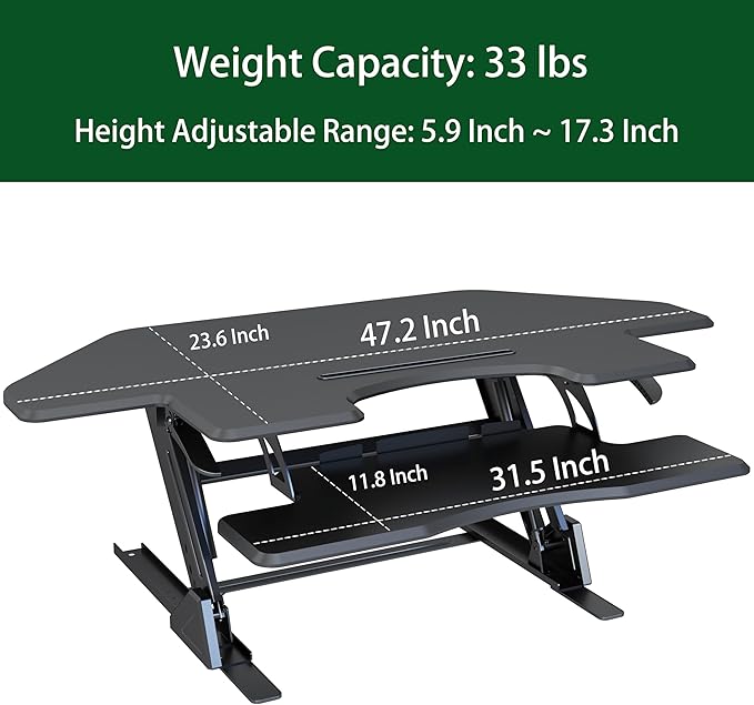 47 inch Corner Standing Desk Converter, Height Adjustable Sit Stand Desk Riser, Black, GSD06T