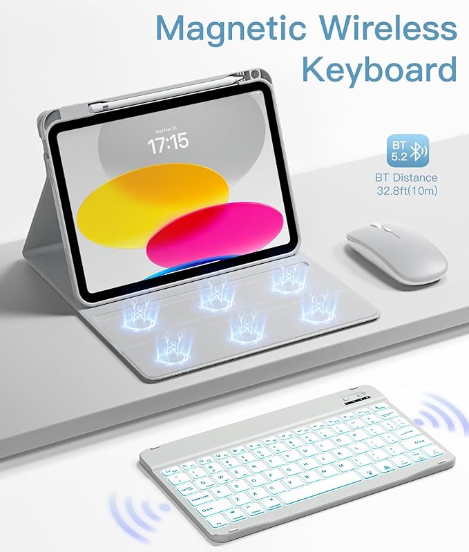 Hamile for iPad A16 Case with Keyboard - Mouse Backlit Wireless Detachable Keyboard Glitter Folio Cover with Pencil Holder for iPad 11th Gen A16 11-inch 2025 10th Generation 10.9 Inch 2022 - Silver