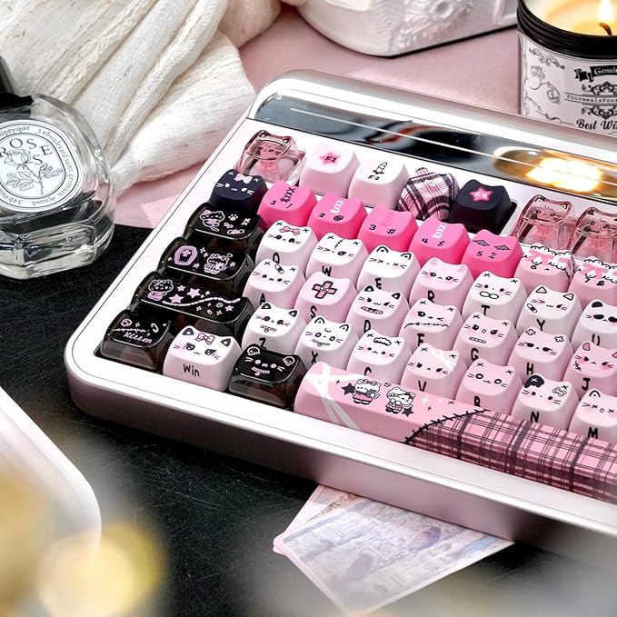 26 Keys Crystal Jelly Personalized Keycaps, PC Material Cute Black Pink Cat Transparent Custom Keycaps, Mao Profile Keycap for DIY MX Swithes Mechanical Keyboards