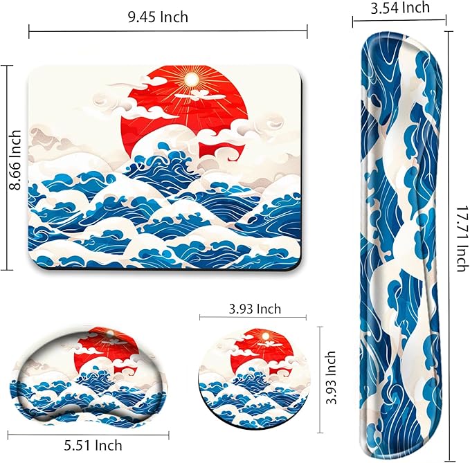 Sea Wave Mouse Pad with Wrist Support Japanese Memory Foam Keyboard Wrist Rest Ergonomic Mousepad Carpal Tunnel Typing Pain Relief Non-Slip Base Wrist Pad for Mouse Computer Women