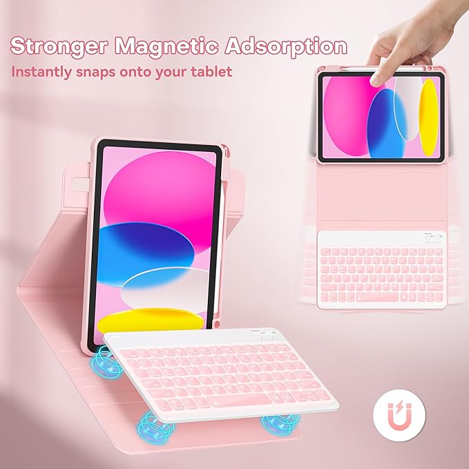 YBING Keyboard Case for iPad 11th Generation 2025 & 10th Generation 2022, 360 Rotating Magnetic Cover with 7-Color Backlit Wireless Detachable Keyboard with Pencil Holder for iPad A16 11" (Pink)