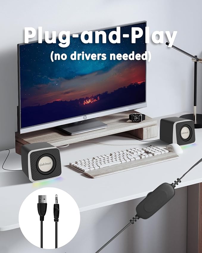 PC Speakers 2"–6W Carbon Fiber Computer Speaker for Desktop or Laptop PC,USB C/USB-Powered,Crystal Clear Sound,Rich Bass,Loud Volume,Direct Control,Plug-N-Play,Black-Silver