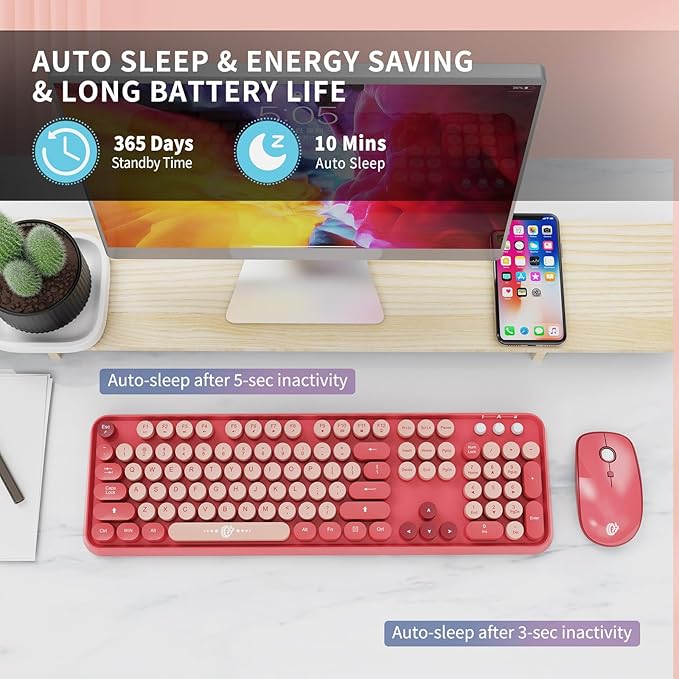 Wireless Keyboard and Mouse Combo - Cute Colorful Keyboard and Mouse, Retro Typewriter Keyboard with 2.4GHz Plug & Play, for Windows 11/10/7, Laptop, PC (Hot Pink)