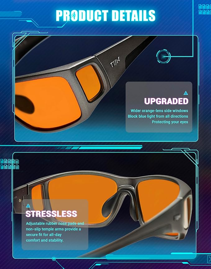 TIJN Sonia Red Sleep Glasses Orange Lens for Blue & Green Light Blocking,Dual AR Coating,Wraparound Frame for Gaming Screen