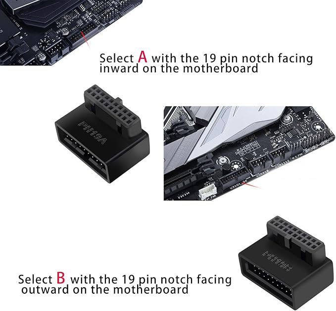 USB 3.0 19/20 Pin Male to Female 90 Degree Right Angle Adapter – Internal Header Extension for Motherboard Cable Management (B)
