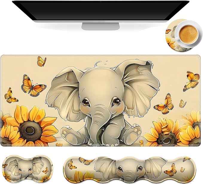 Gaming Mouse Pad Set, Cute Elephant Large Desk Mat Mousepad, Keyboard Wrist Support, Mouse Wrist Rest, Coaster 4in1 Ergonomic Memory Foam, Non-Slip Stitched Edge for Home Office