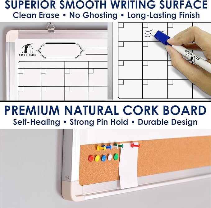 Whiteboard Calendar Dry Erase for Wall - 18 x 24 in White Board Planner Monthly Magnetic with 1 Eraser, 4 Dry Wipe Markers, 4 Magnets and 10 Thumb Tacks - Wall Hanging Marker Board Month Calendar