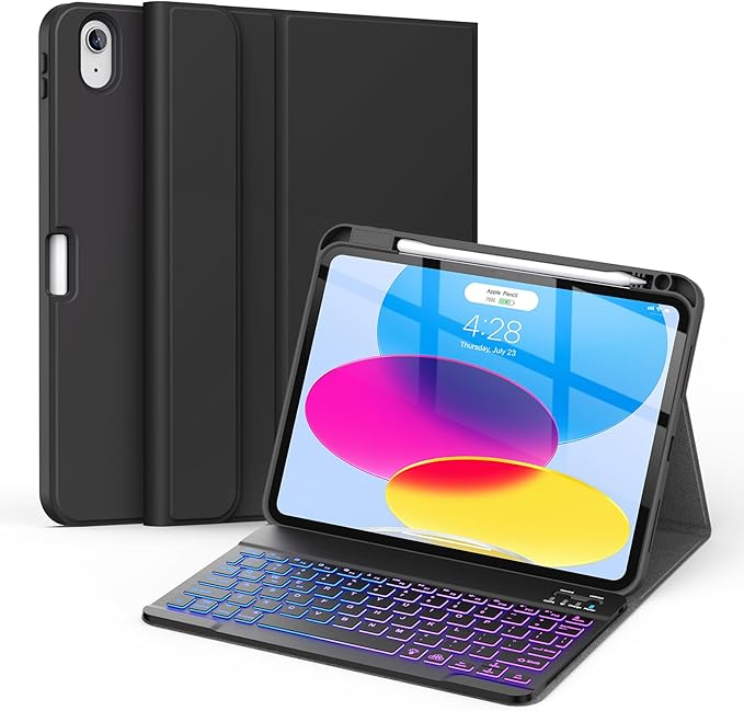 Soke for iPad (A16) 11th/10th Generation Case with Keyboard(2025/2022)-7 Color Backlight Wireless Detachable Folio Keyboard Cover with Built-in Pencil Holder for iPad 11/10.9 inch, Ebony