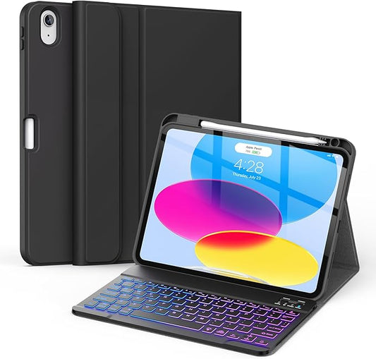 Soke for iPad (A16) 11th/10th Generation Case with Keyboard(2025/2022)-7 Color Backlight Wireless Detachable Folio Keyboard Cover with Built-in Pencil Holder for iPad 11/10.9 inch, Ebony