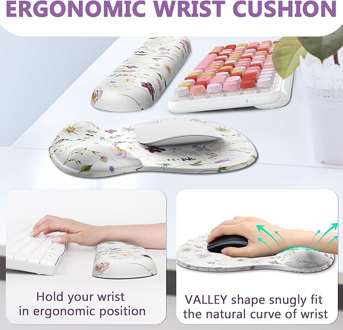 AKIT Valley Design Ergonomic Mouse Pad with Wrist Rest for Computer Keyboard, Cute White Keyboard Mouse Pad with Wrist Support Soft Memory Foam Cushion Mousepad Gaming Wrist Pad for Office Work Desk