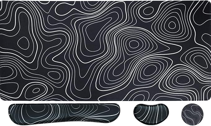 Bloss Keyboard Mouse Pad Set, Large Gaming Desk Pad+Keyboard Wrist Rest+Mouse Wrist Cushion+Coaster, Non-Slip Desk Mat, Home Office Essentials-Black and White Topography (35.4 x 15.7 Inches)