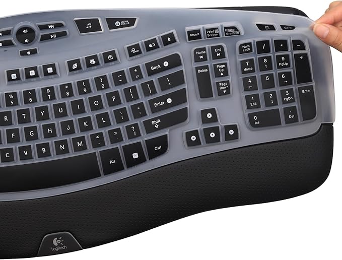 Keyboard Cover for Logitech K350 MK570 MK550 Wireless Wave Keyboard, Logitech MK570 MK550 Ergonomic Wave Keyboard, Ultra Thin Silicone Keyboard Skin, K350 K570 K550 Protective Accessories -Black