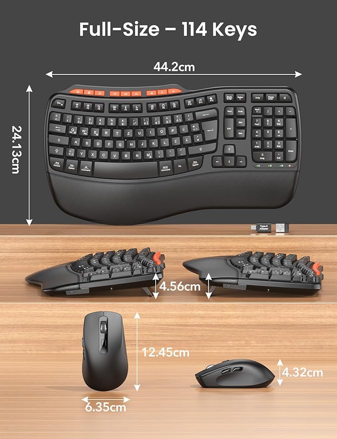 Ergonomic Wireless Keyboard and Mouse Combo, 2.4G Full Size Wave Key Board with Cushioned Palm Rest, Natural Typing, 3 DPI Adjustable Mouse, USB-A & C for Computer/Laptop/Mac/Tablet - Sablute MA31