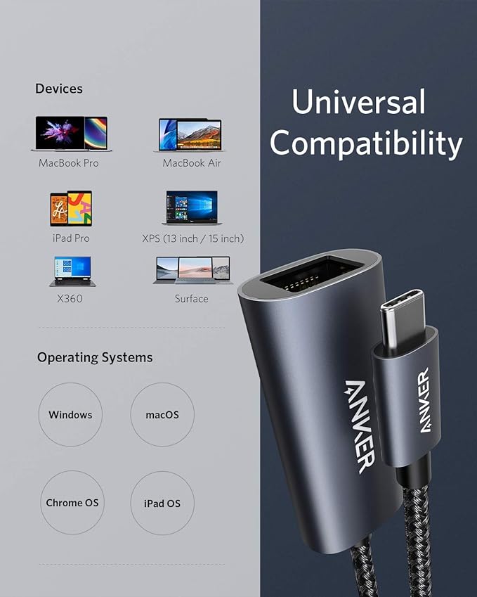 Anker USB C to Ethernet Adapter, Portable USB C Type-C 1-Gigabit Network Hub, 10/100/1000 Mbps,Network Adapter for MacBook Pro, iPad Pro 2019/2018, ChromeBook, XPS, Galaxy S9/S8, and More
