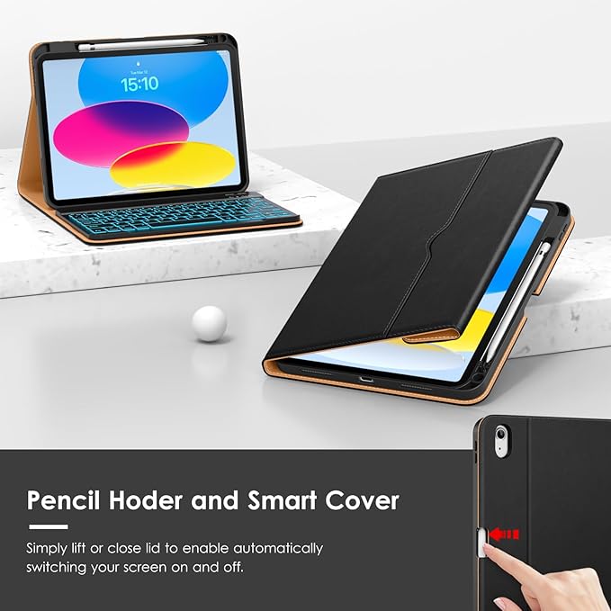 VIKESI Keyboard Case for iPad (A16,2025) 11th Generation/iPad 10th Generation Case (10.9" 2022),Premium Leather Smart Cover,Built-in Breathing Light,Function Row,Pencil Holder,Card Slots - Black
