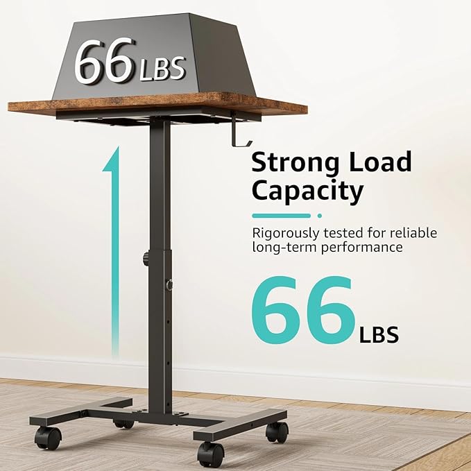 Small Portable Standing Rolling Desk - 24 Inch Mobile Stand Up Desk Adjustable Height on Wheels for Small Spaces, Couch Kids Laptop Desks End Side Table, Teacher Podium for Classroom, Rustic Brown