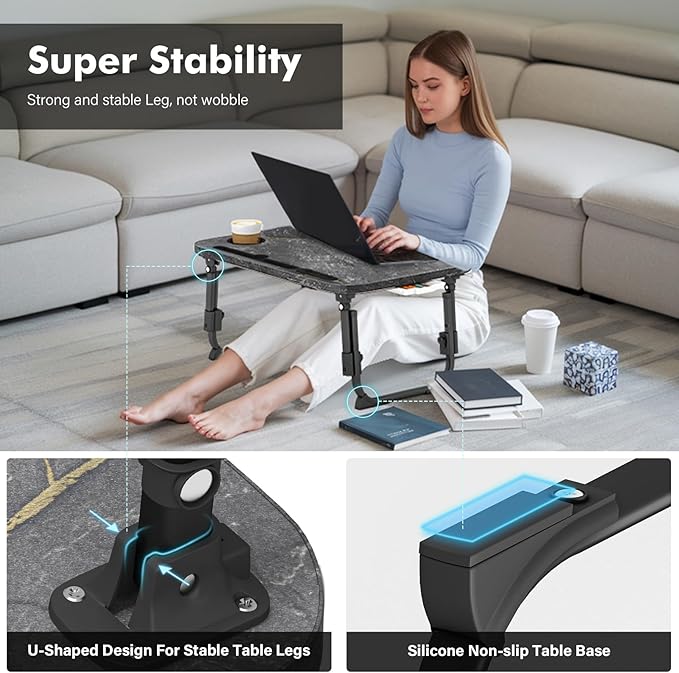 Lap Desk for Bed Adjustable Height, Foldable Bed Table with Storage Drawer, Tablet Slot & Cup Holder, Portable Laptop Stand for Bed & Sofa, Bed Desk for Adults & Kids, Deep Stone Color