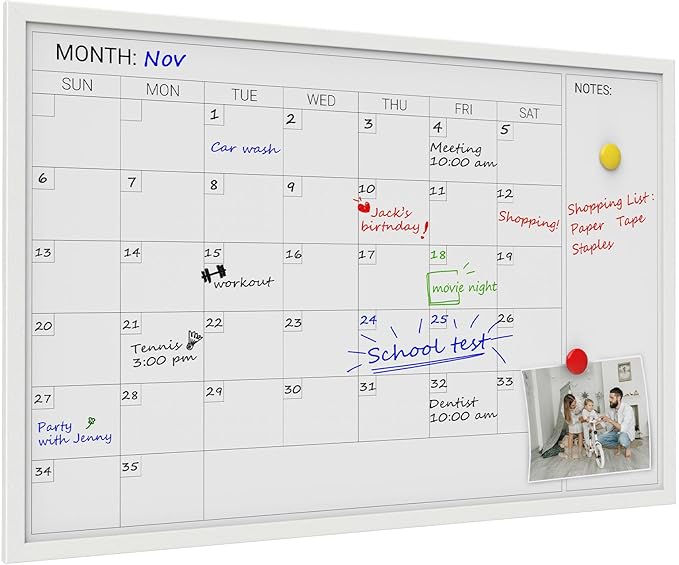 Comix Dry Erase Calendar for Wall, Magnetic Calendar Whiteboard with White Wood Frame, 36 * 24 inches Decorative Monthly Planner Board for Office, School, Home, Kitchen